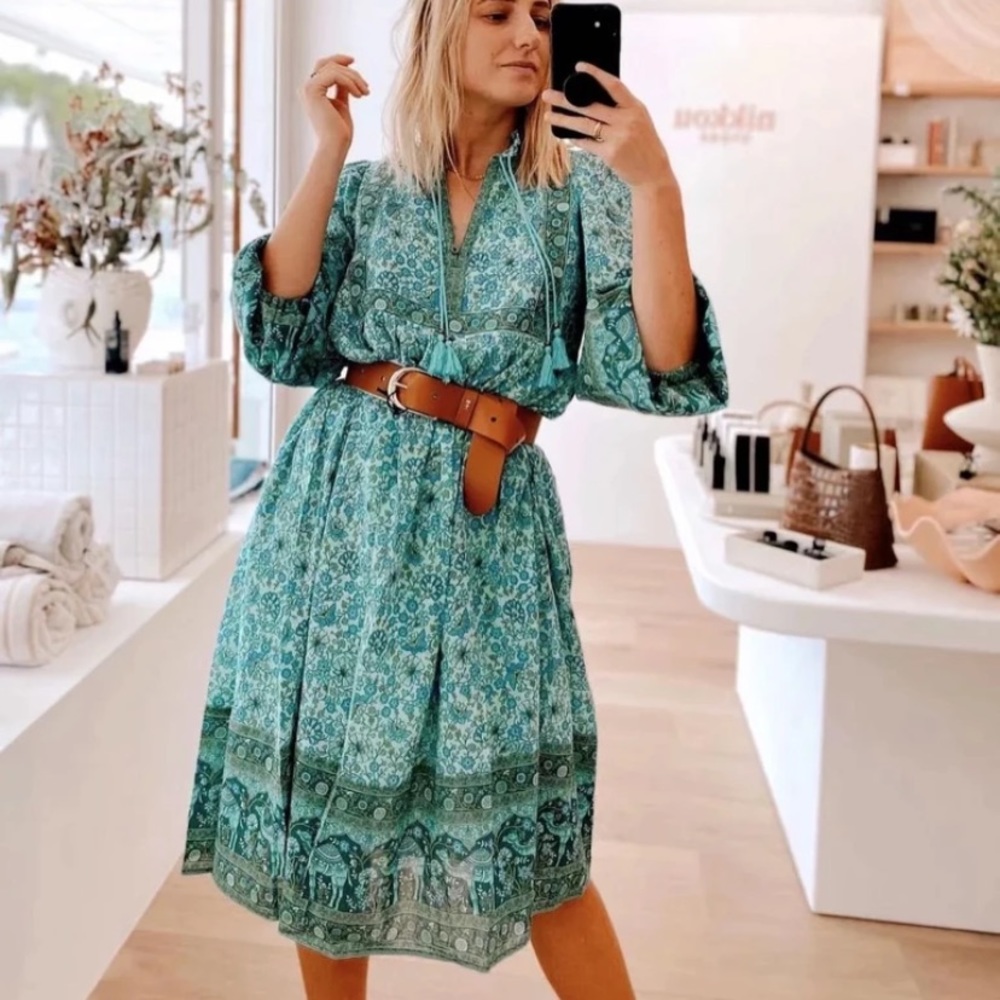 SOLD OUT Aqua Bohemian Floral Camel Long Sleeve Bohemian Gypsy Dress - Picture 2 of 7